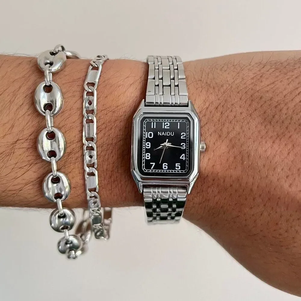 y2k black rectangle stainless steel quartz watch